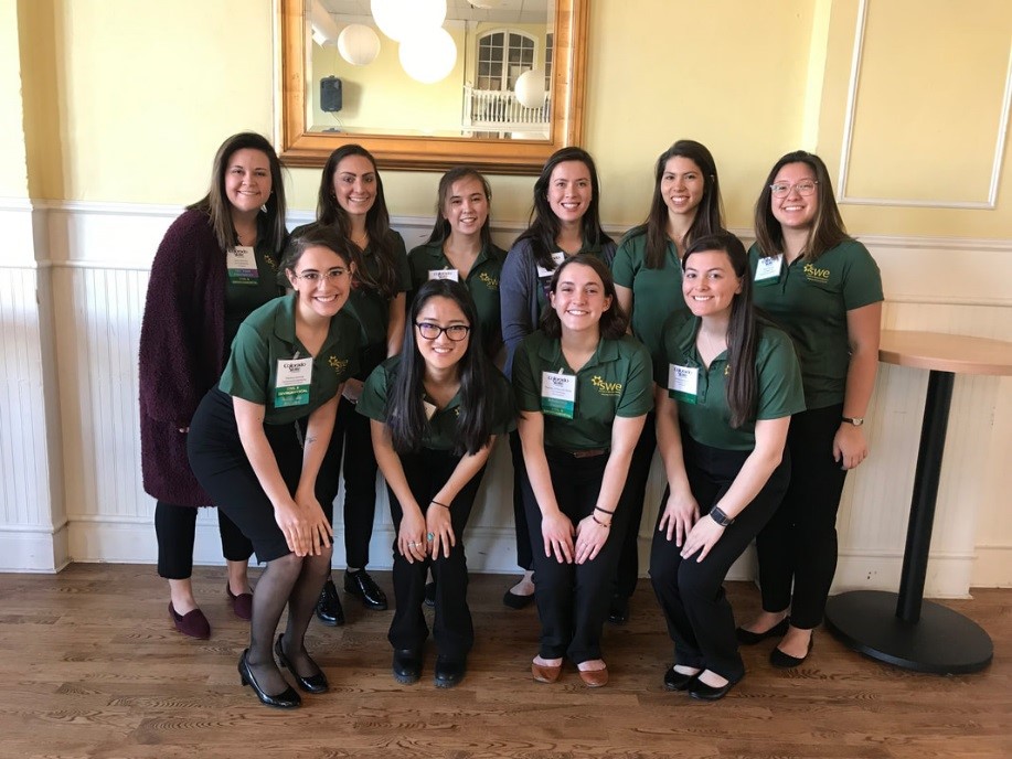 CSU’s SWE committee photographed at their Evening with Industry event. Left to right, first row: Theresa Centola, Ava Ruppert, Theresa O'Donnell Sloan, Jenna Jacobson. Left to right, second row: Caley Dallman, Natalie Rios, Sarah DeLaet, Annie Elefante, Sarah Wakumoto, Kayla Schultz.