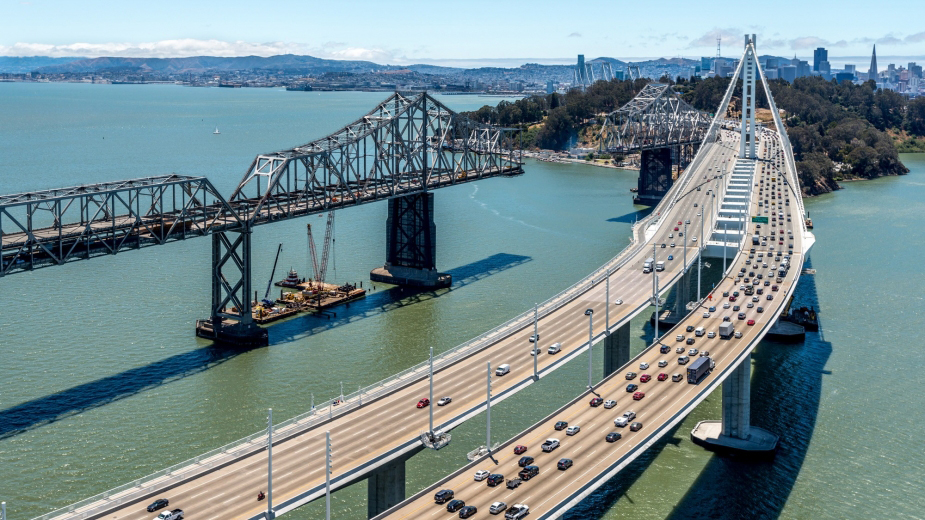 Demolition on the old East Bay Bridge, contrasted here against the new bridge, was completed in September 2018. Photo by Sam Burbank