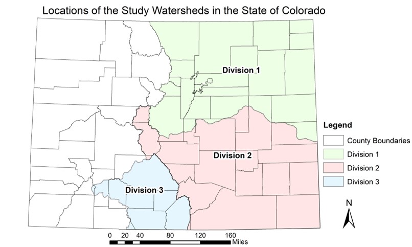 Locations of the study watersheds by Division within the state of Colorado