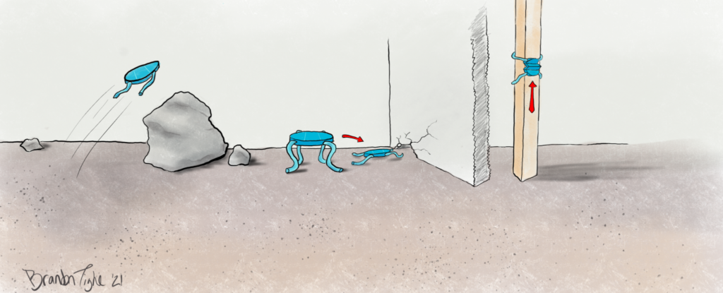 Illustration of a robot jumping, climbing, and crawling under obstacles.