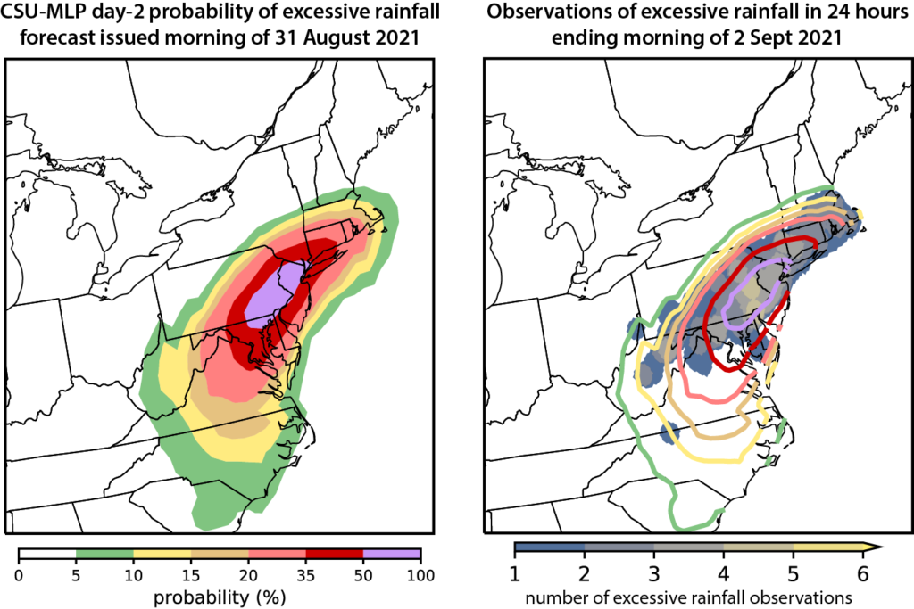 Comparison of CSU MLP predictions and actual observed rainfall on a map of the US mid-Atlantic region in early September, 2021
