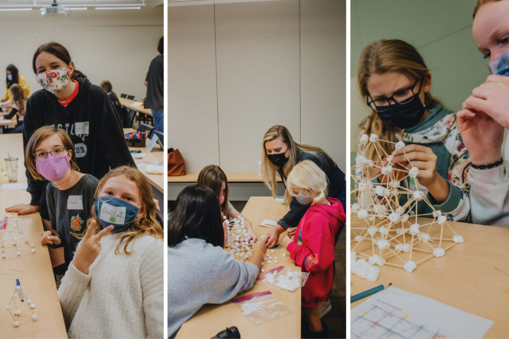 Photo collage of girls building toothpick and marshmallow structures at a STEM 4 Kids event