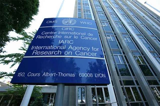 A picture of the WHO's International Agency for Research on Cancer sign in front of a building.