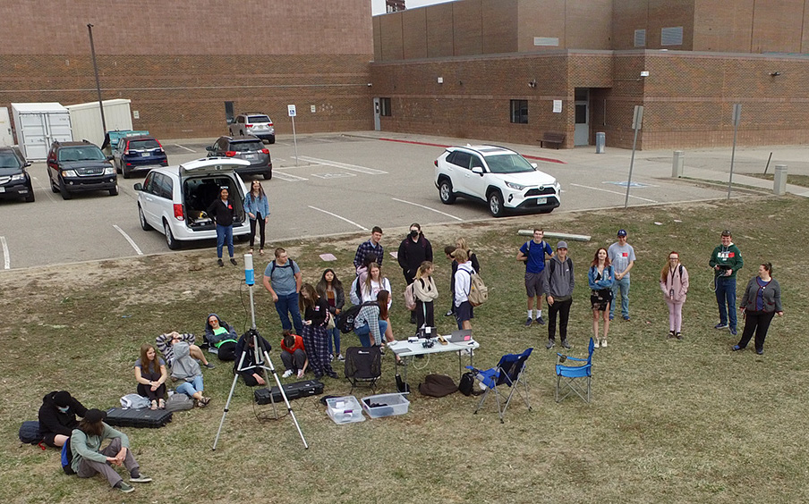 An aerial drone photo of students outside Loveland High School.