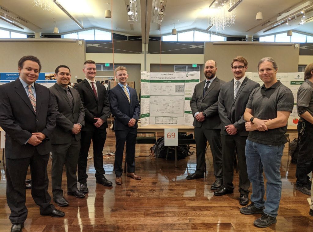 Six students and their faculty advisor pose with their research poster at CSU E-Days.