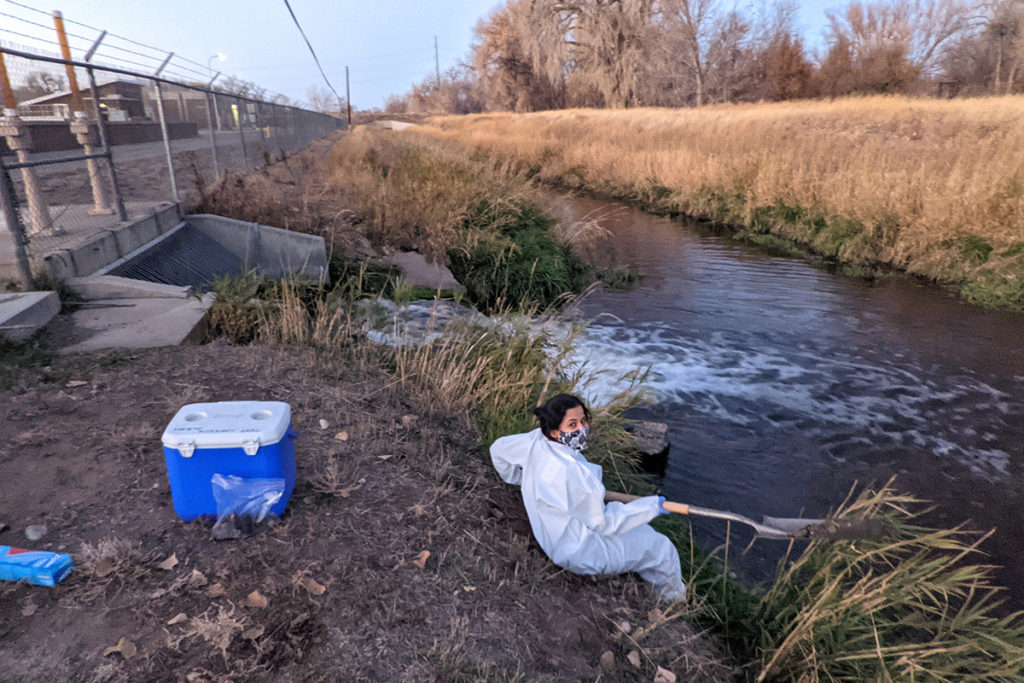 Researcher Neh Sachdeva collects sediment samples from a ditch where effluent water is discharged after treatment.