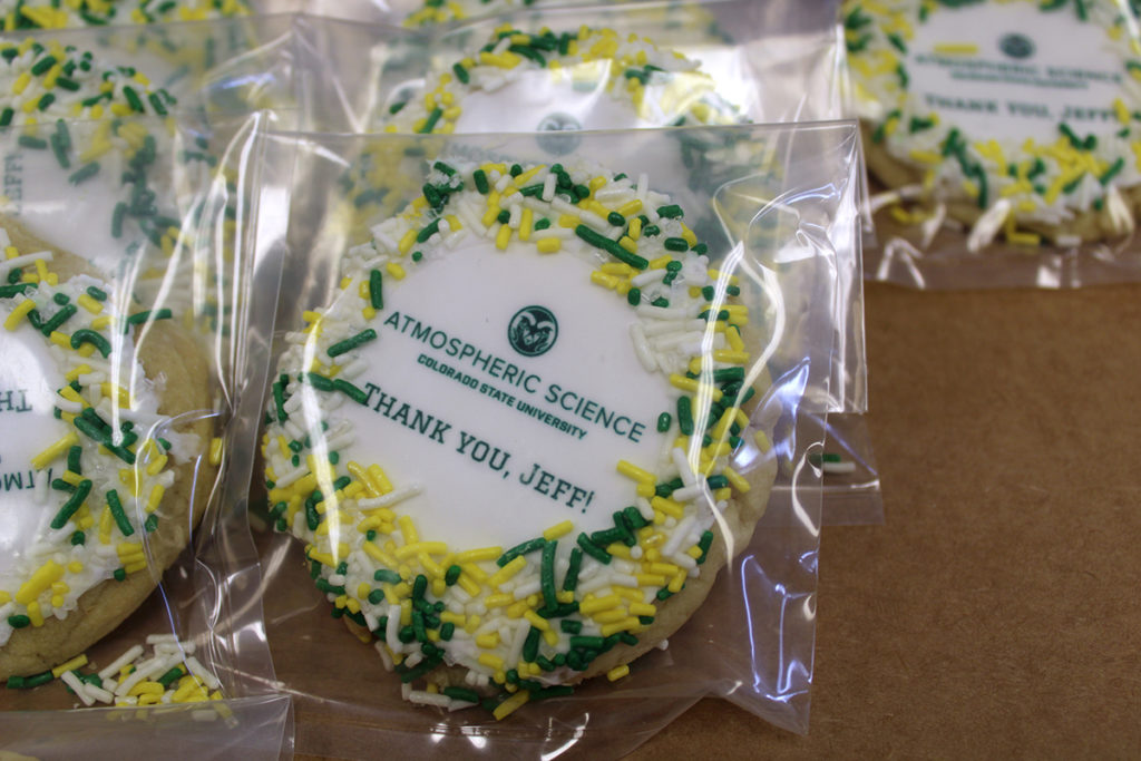 CSU logo cookies with text reading "Atmospheric Science," "Colorado State University," and "Thank you, Jeff!"