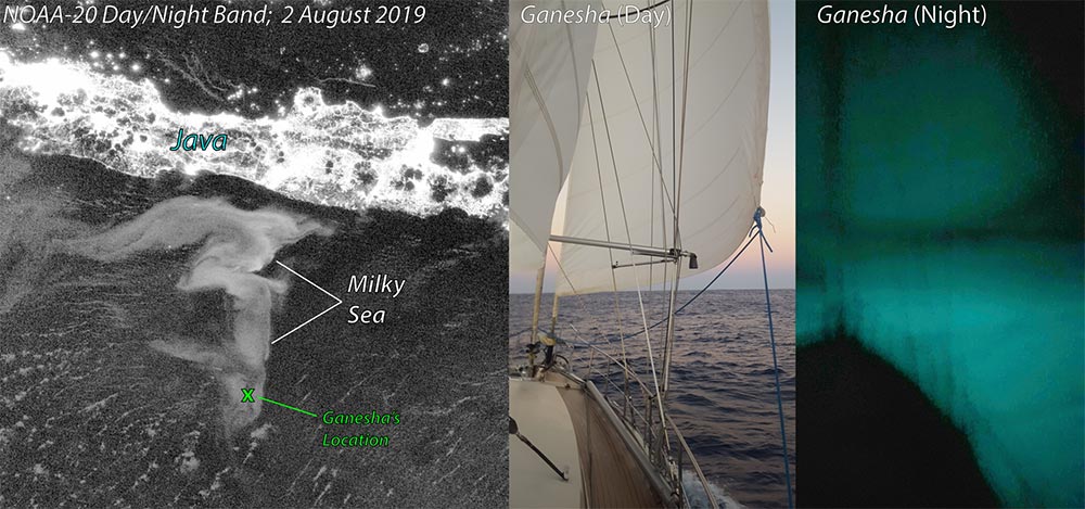 composite images of milky sea as seen by boat crew and satellites