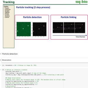 A screenshot from a UQ-Bio session on particle tracking shows images and Python code