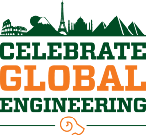 Graphic with stylized global landmarks and text reading "Celebrate Global Engineering"