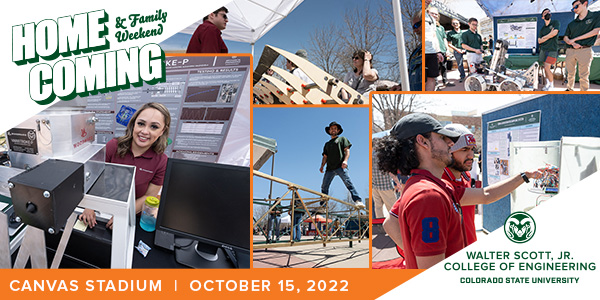 A collage of photos of engineering students at E-Days with the words Homecoming and Family weekend.