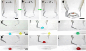 A series of photos showing the droplet manipulator opening, closing, and carrying droplets of different liquids.