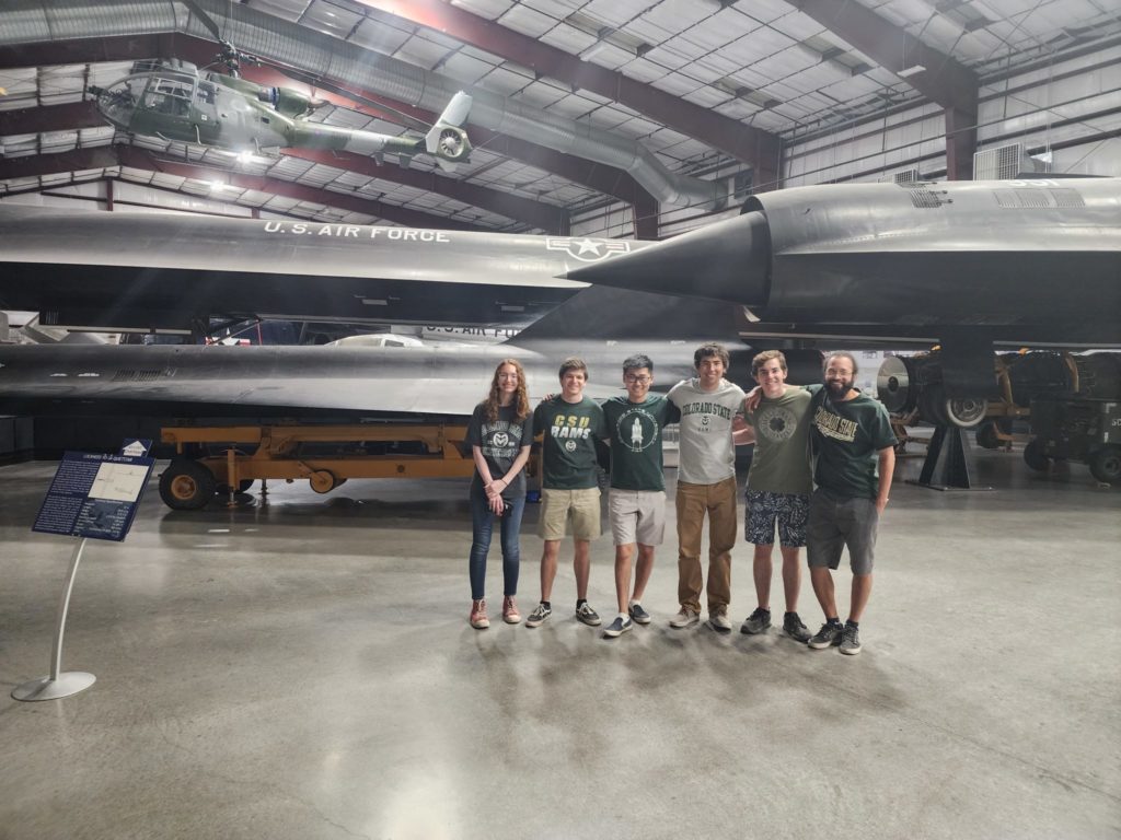 Members of the CSU DBF Team (left to right) Leanne Lightsey (mechanical engineering, sophomore), Bryan Slaughter (mechanical engineering, junior), Daniel Zhou (mechanical engineering, junior), Andrew Harrod (mechanical engineering, junior), and Michael Weiss (physics, junior) visit the Pima Air and Space Museum.
