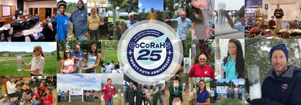 Combined photo grid of CoCoRaHS participants in various locations, with circular-shaped centered graphic on top. Text in graphic is "CoCoRaHS 25," "The community collaborative rain, hail and snow network," and "Twenty-fifth anniversary."