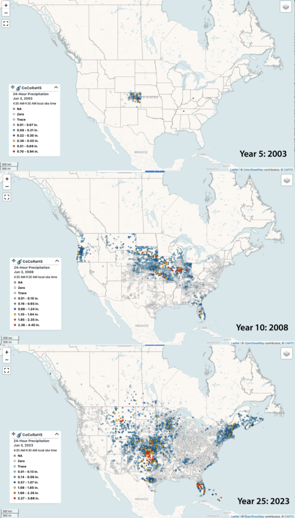 Set of North American maps showing the growth of CoCoRaHS: observations from June of year 5 (2003), year 10 (2008), and year 25 (2023). 