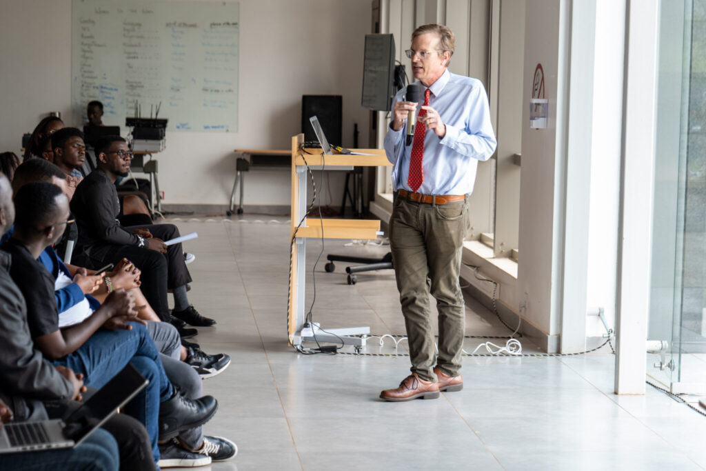 A picture of Allen Robinson lecturing to students at CMU in Kigali, Africa. Courtesy of CMU-Africa.