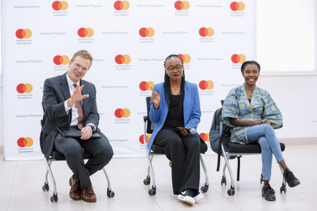 Allen Robinson and two women at a CMU-Africa student roundtable with the Mastercard Foundation. Courtesy of CMU-Africa.