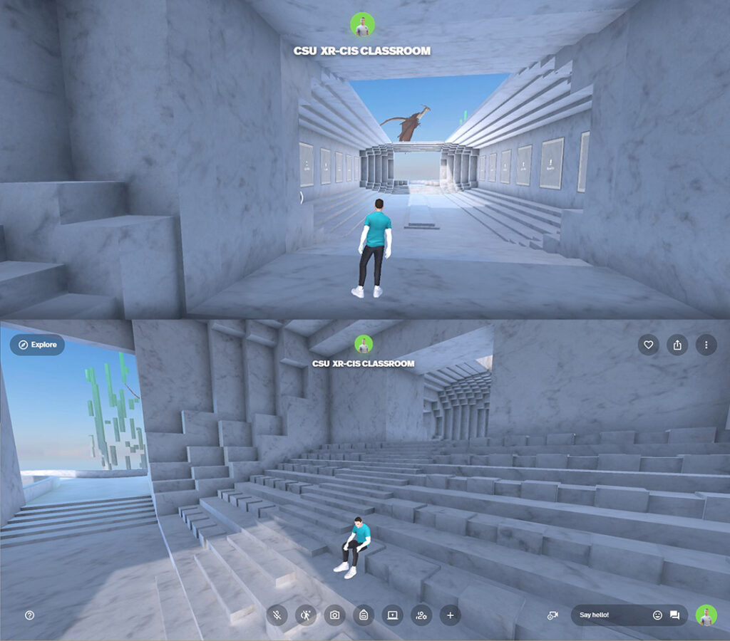 There are two images stacked. The top image is a VR space with an avatar looking down a hallway. A dragon is in the sky at the end of the hall. The bottom image is of the same avatar sitting in a coliseum-like classroom. The images have text: “CSU XR-CIS Classroom.”