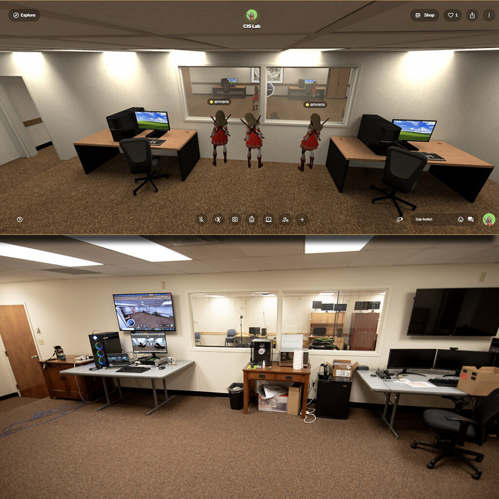 There are two images stacked. The top image is a virtual reality digital rendering of the XR-CIS Lab’s working space with three copies of Marie Van’s avatars looking through the center window. The bottom image is the real-life lab space. The two images are remarkably similar.
