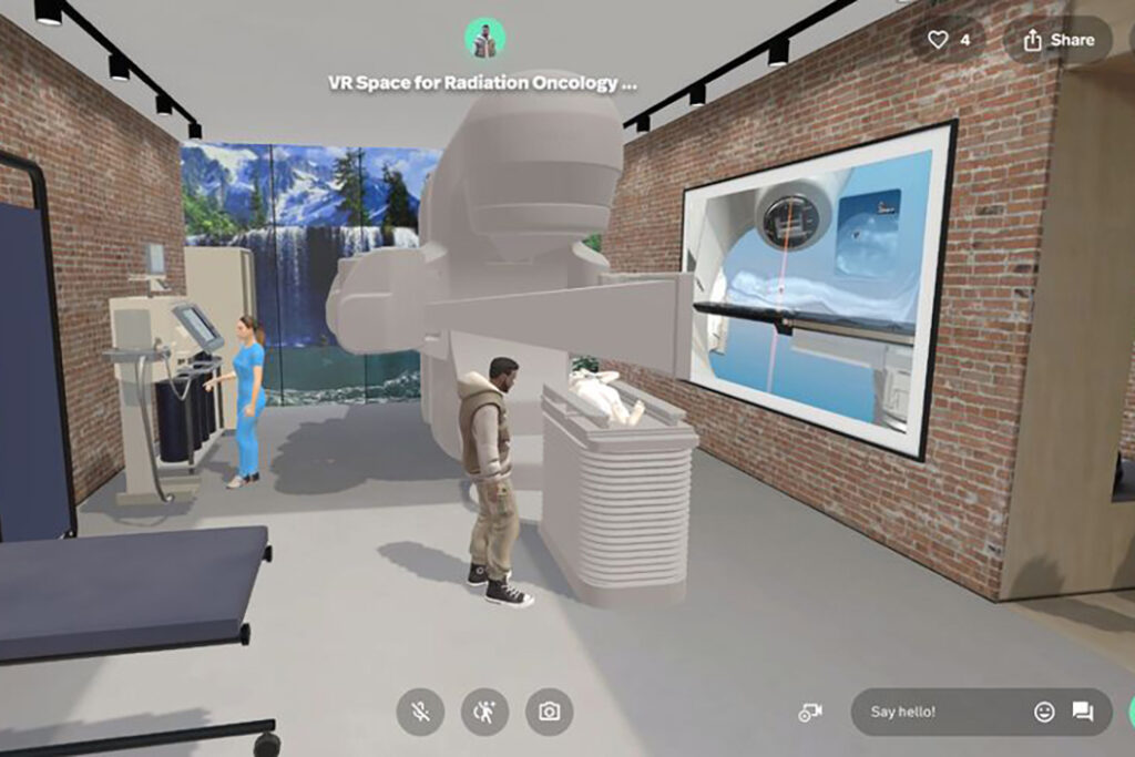 A digital rendering of a medical office with a male avatar standing next to a large medical linear accelerator.