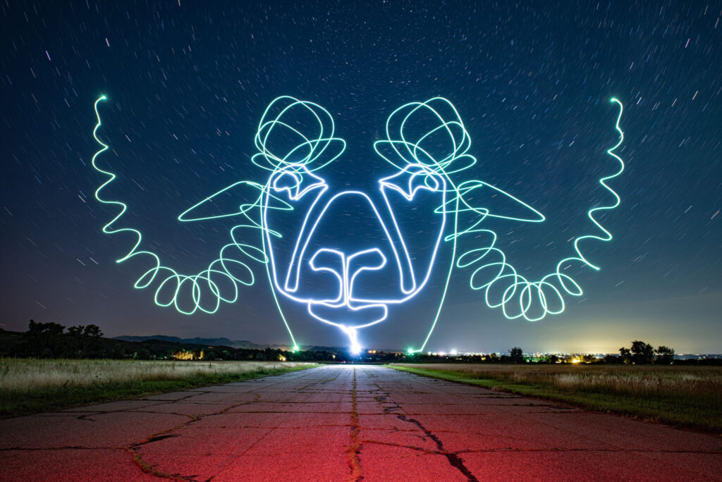 A horned ram's head, drawn in the night sky with lights on drones over six minutes, hangs over the red-tinted tarmac of the Christman Field runway.
