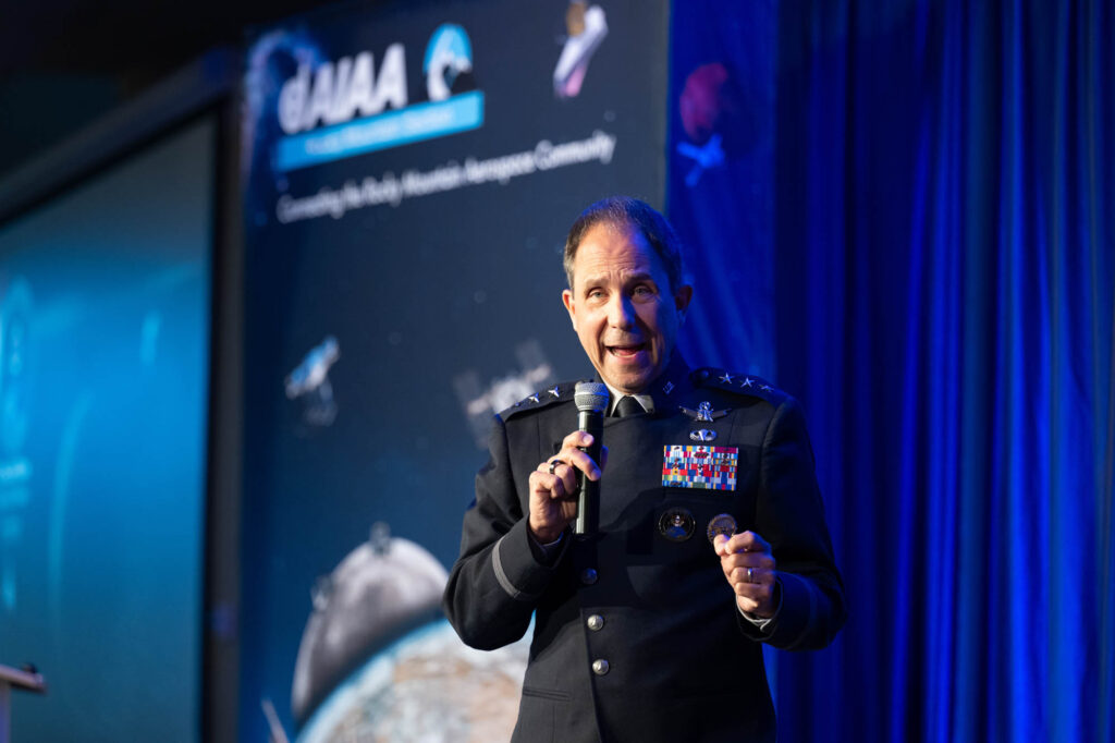 Lieutenant General John Shaw, Deputy Commander at U.S. Space Command, delivers the lunch keynote at the 2023 American Institute of Aeronautics and Astronautics (AIAA) annual technical symposium at Colorado State University. September 22, 2023