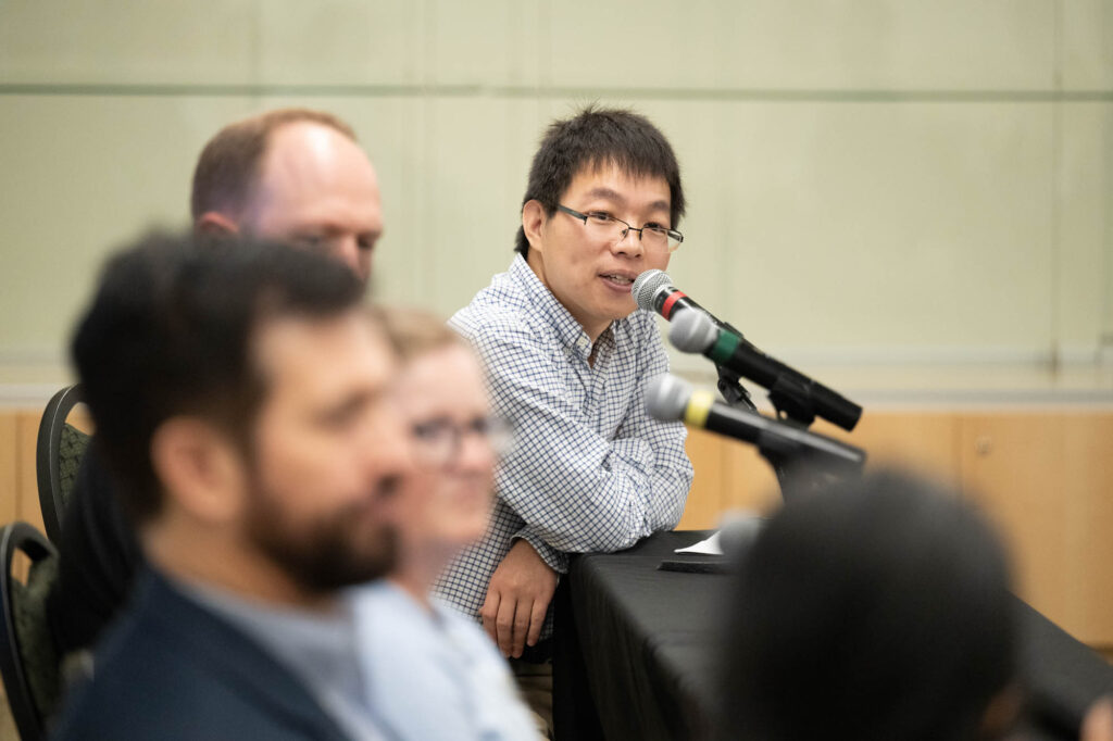 Haonan Chen, Assistant Professor of Electrical and Computer Engineering at Colorado State University, moderates a panel discussion on SmallSat and CubeSat Constellations at the 2023 American Institute of Aeronautics and Astronautics (AIAA) annual technical symposium at Colorado State University. Panelsists include Sharmila Padmanabhan, Instrument Lead Engineer at NASA Jet Propulsion Laboratory, Jillian Redfern, R&D Senior Program Manager at the Southwest Research Institute, Steve Reising, Professor of Electrical and Computer Engineering and Microwave Systems Laboratory Director at Colorado State University, and Caleb Gronewold, Principal Business Development Manager at Blue Canyon Technologies. September 22, 2023