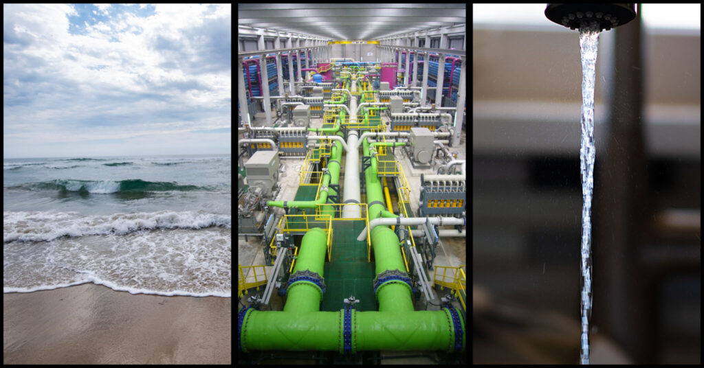 Three images, one of ocean waves, the center of a desalination plant with pipes leading into the distance, the last of water coming out of a faucet. 