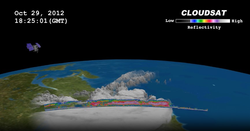 An image of CloudSat capturing Hurricane Sandy in 2012.