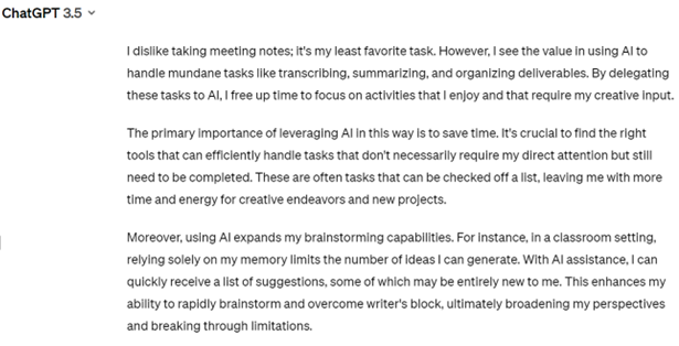 A screen shot of several paragraphs of text from a session with ChatGPT 3.5.