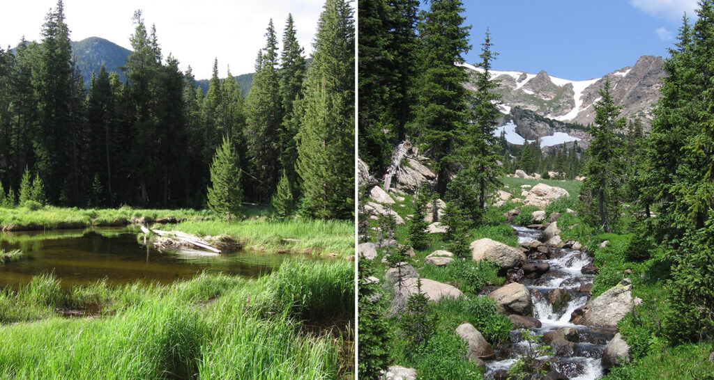 Two pictures of running water in Rocky Mountain National Park: East Inlet Creek with wide flat slow-moving water and Tonahutu Creek with steep rocky streambed with fast-moving water.