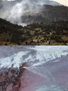 A photo collage showing, above, smoke from a wildfire in the foothills of the Rockies near the CSU Foothills Campus, and below, false-color satellite footage of a different fire event.